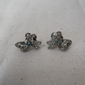 Coro Vintage Silver-Tone Bow Earrings with Blue Center Crystals - Screw Back